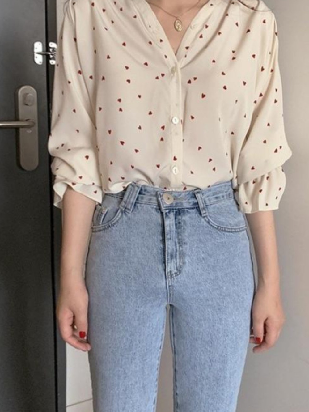 🎀 Classy Cream Red Heart Blouse